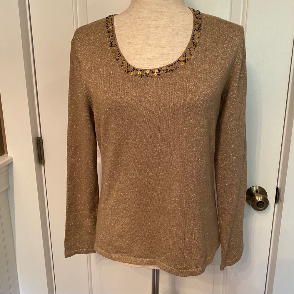 CHICO’S TOP TEE GOLD BEADS SCOOP NECK LONG SLEEVE Size 0 S